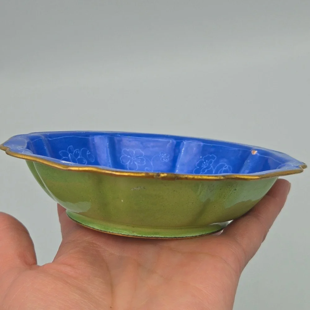 Vintage Chinese Canton Enamel Butterfly Mantis Floral Trinket Bowl Hand Painted